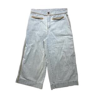 Vintage 90s BILL BLASS Light Wash Faux Leather Trim Wide Leg Crop Jeans Size 6